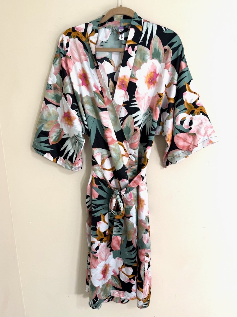 LILAC & LONDON Women’s Floral Kimono Robe Wrap Cover Up Black Pink Green Size L